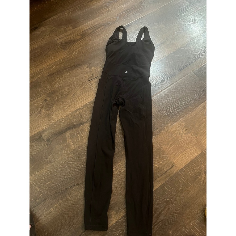 Athleta Salutation Bodysuit Black Powervita Yoga Jumpsuit Small Tall Pockets - Picture 5 of 6